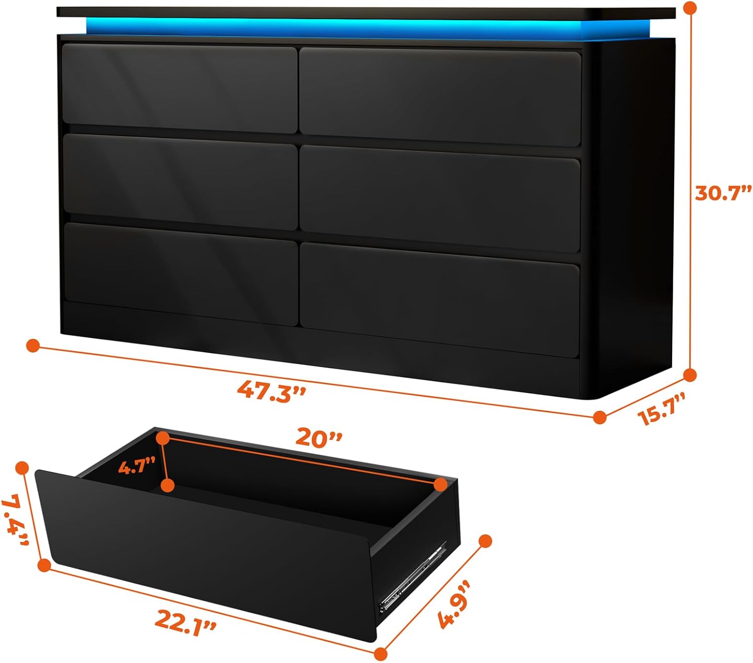6 Drawer Dresser for Bedroom, 47.2' Long Black Chest of Drawers with Charging Station & LED Lights,Curved Profile Design,Double Wooden Closet Storage Cabinet,Modern Dresser TV Stand with Deep Drawers