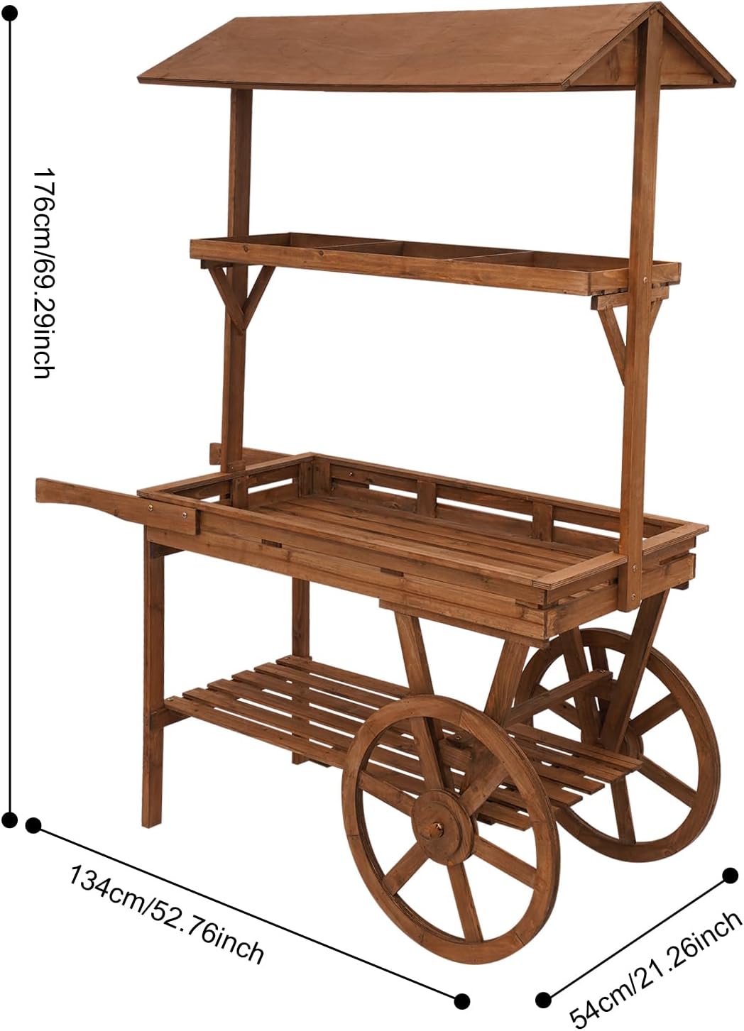 Large Country Market Wooden Rolling Table Cart, Antique Solid Wood Decor Display Rack Cart with Wheels, Rolling Table Carts for Display Various Flowers and Candy (Brown)