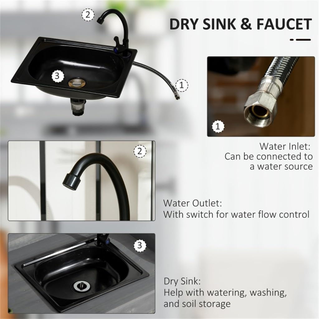 Potting Bench Table with Faucet, Sink, Hooks and Storage Cabinet, Outdoor Prep Gardening