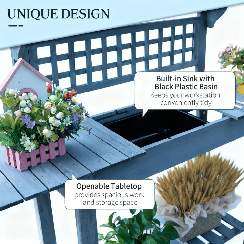 Outdoor Potting Workstation–Expandable Table | Removable Dry Sink|2-Tier Upper Shelf & Large Bottom Storage|Built-In Side Hooks|Wood Frame|Patio,Garden,Greenhouse