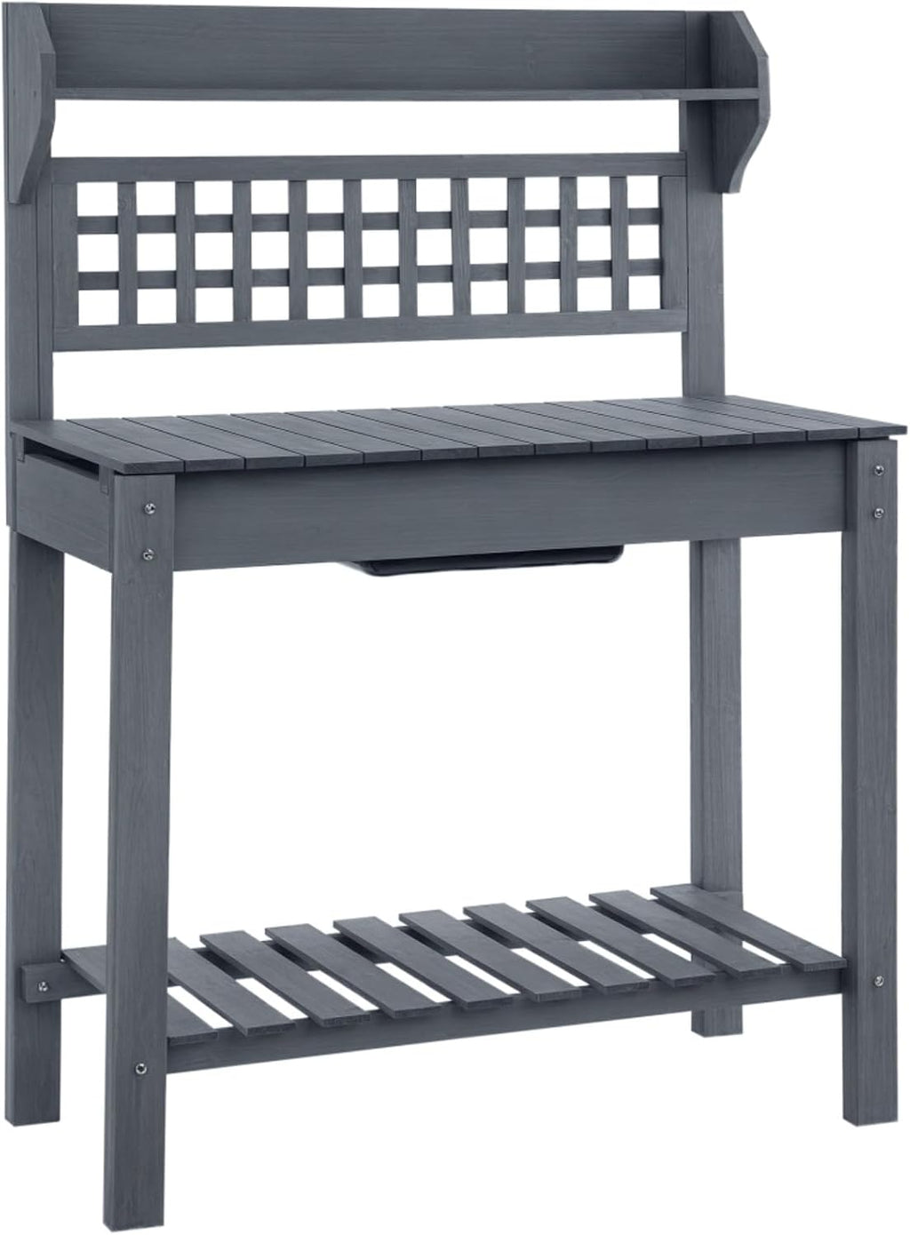 Wooden Outdoor Potting Bench Workstation Table with Storage Shelf, Dry Sink and Expandable Sliding Tabletop for Cutting and Potting Vegetables, Herbs, and Other Plants (Gray)