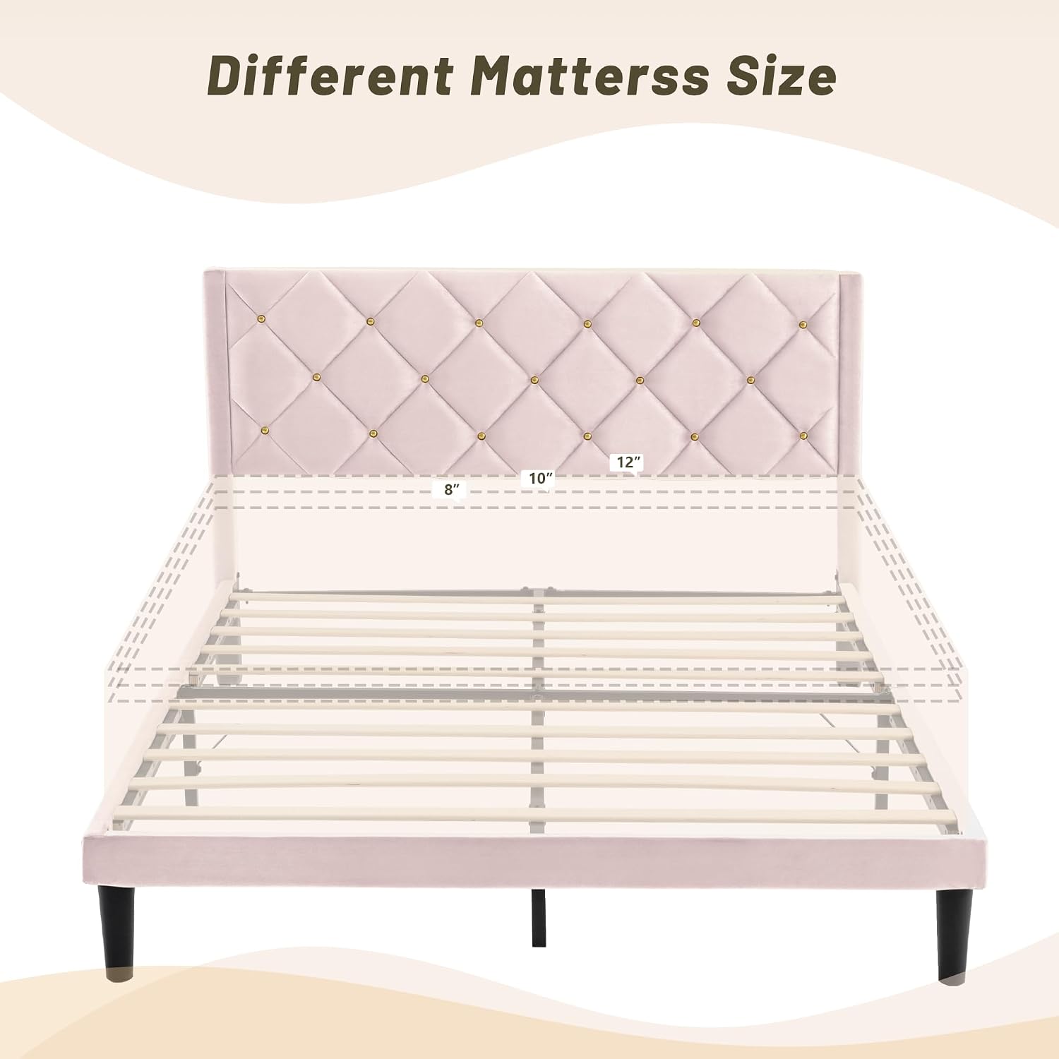 Queen Size Platform Bed Frame with Velvet Headboard, Sturdy Wooden Slats Support, Mattress Foundation, No Box Spring Required, Non-Slip and Noise-Free, Easy Assembly, Pink
