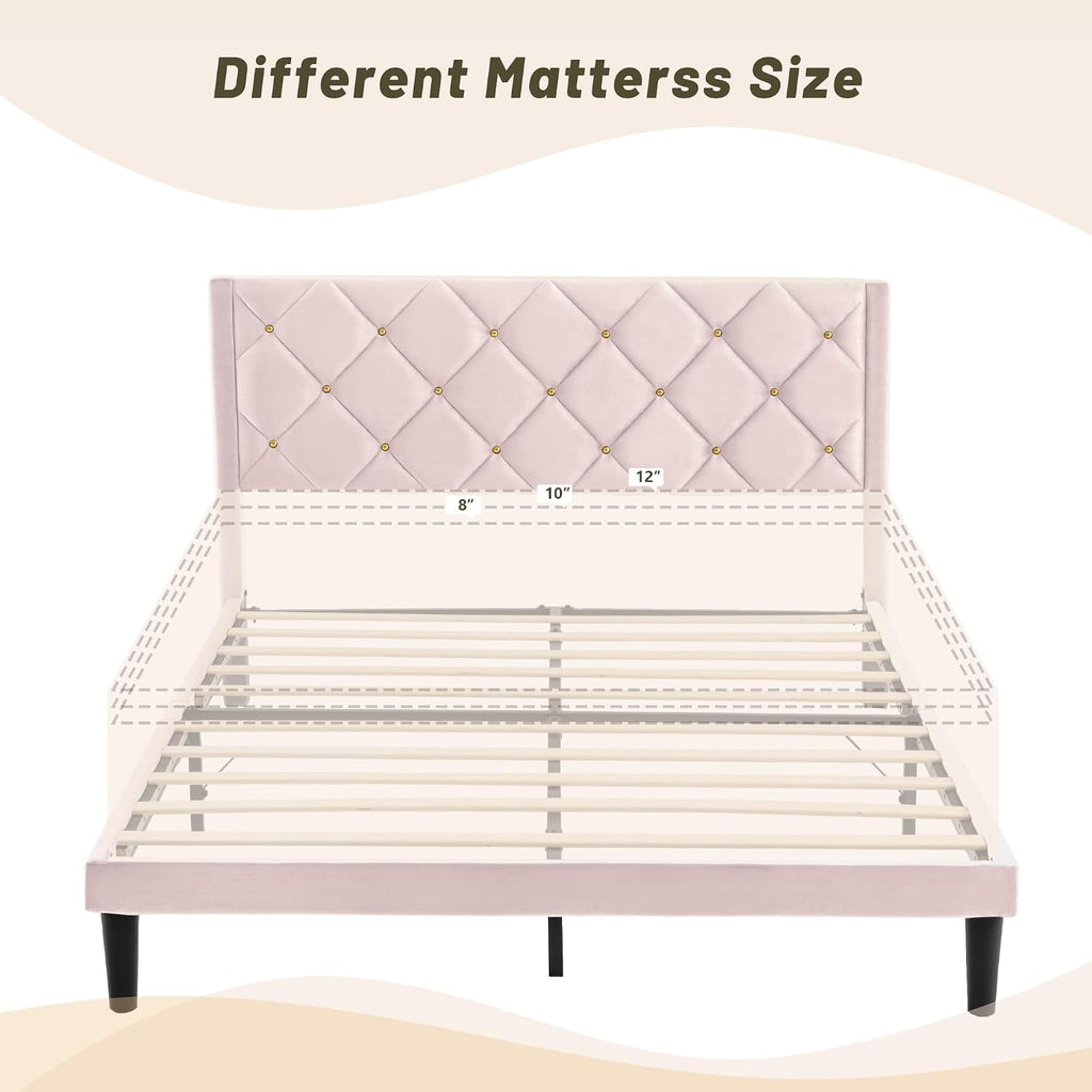 Full Size Platform Bed Frame with Velvet Headboard, Sturdy Wooden Slats Support, Mattress Foundation, No Box Spring Required, Non-Slip and Noise-Free,Easy Assembly, Pink