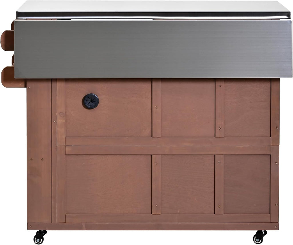 Outdoor Solid Wood Extendable 19.3''/28'' Kitchen Island,Stainless Steel Top Grill Table with Side Spice Rack,Drawers,for Backyard, BBQ,Party (Brown-D)
