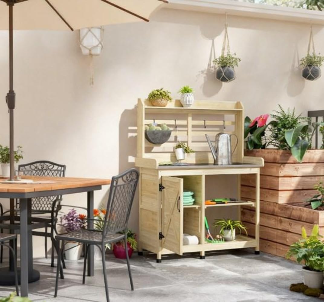 Potting Bench Table Wooden, Outdoor Garden Workstation with Storage Shelves, Heavy Duty Plant Stand for Patio, Backyard, Gardening Organizer, Natural Wood