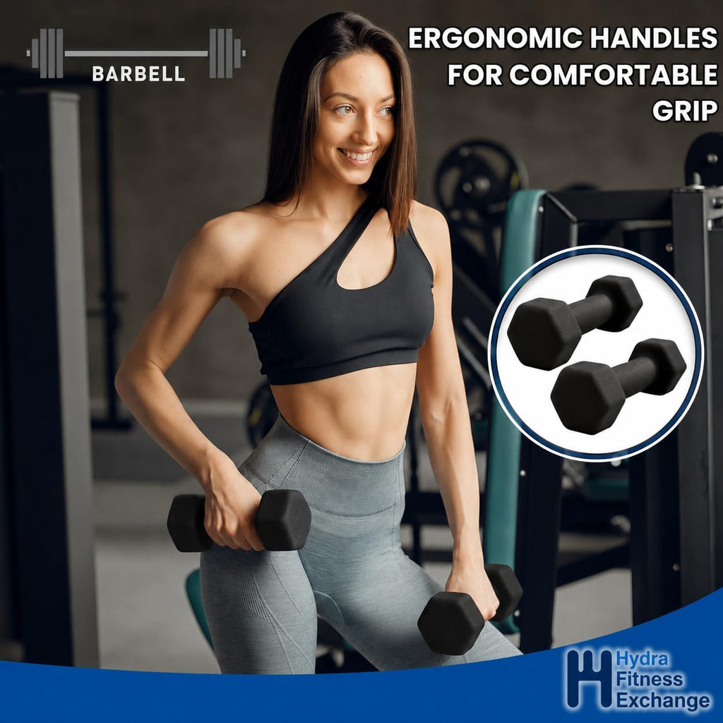 Neoprene Hexagon Dumbbells with Cast Ergo Handle (1 to 15lbs Pack of 1, 2, 4) | Durable Anti-Slip Exercise & Fitness Strength Training Free Weights for Home Gym | Black | For Men & Women