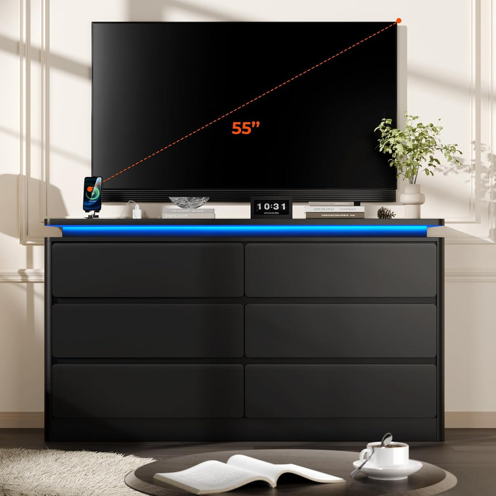 6 Drawer Dresser for Bedroom, 47.2' Long Black Chest of Drawers with Charging Station & LED Lights,Curved Profile Design,Double Wooden Closet Storage Cabinet,Modern Dresser TV Stand with Deep Drawers