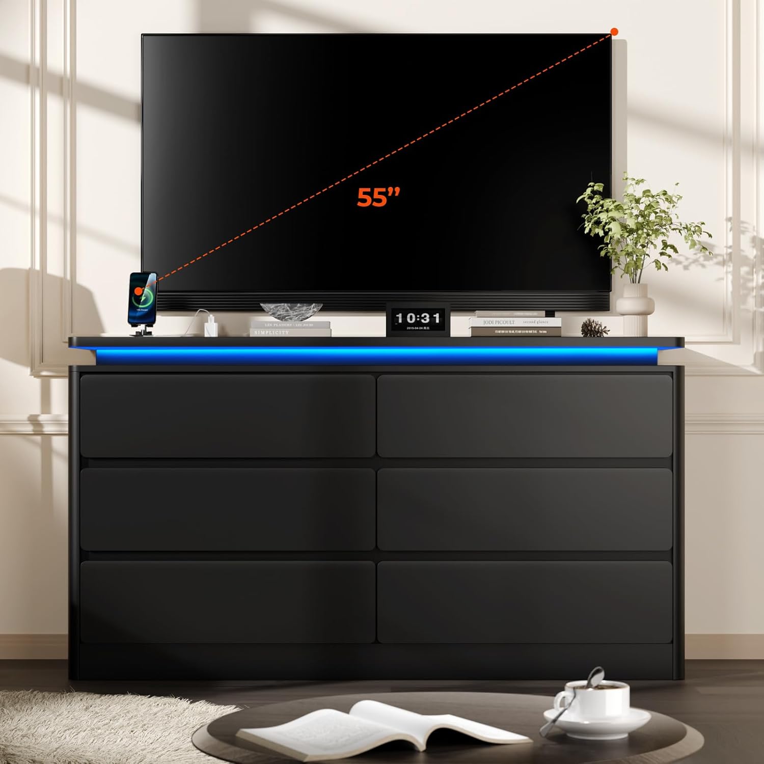 6 Drawer Dresser for Bedroom, 47.2' Long Black Chest of Drawers with Charging Station & LED Lights,Curved Profile Design,Double Wooden Closet Storage Cabinet,Modern Dresser TV Stand with Deep Drawers