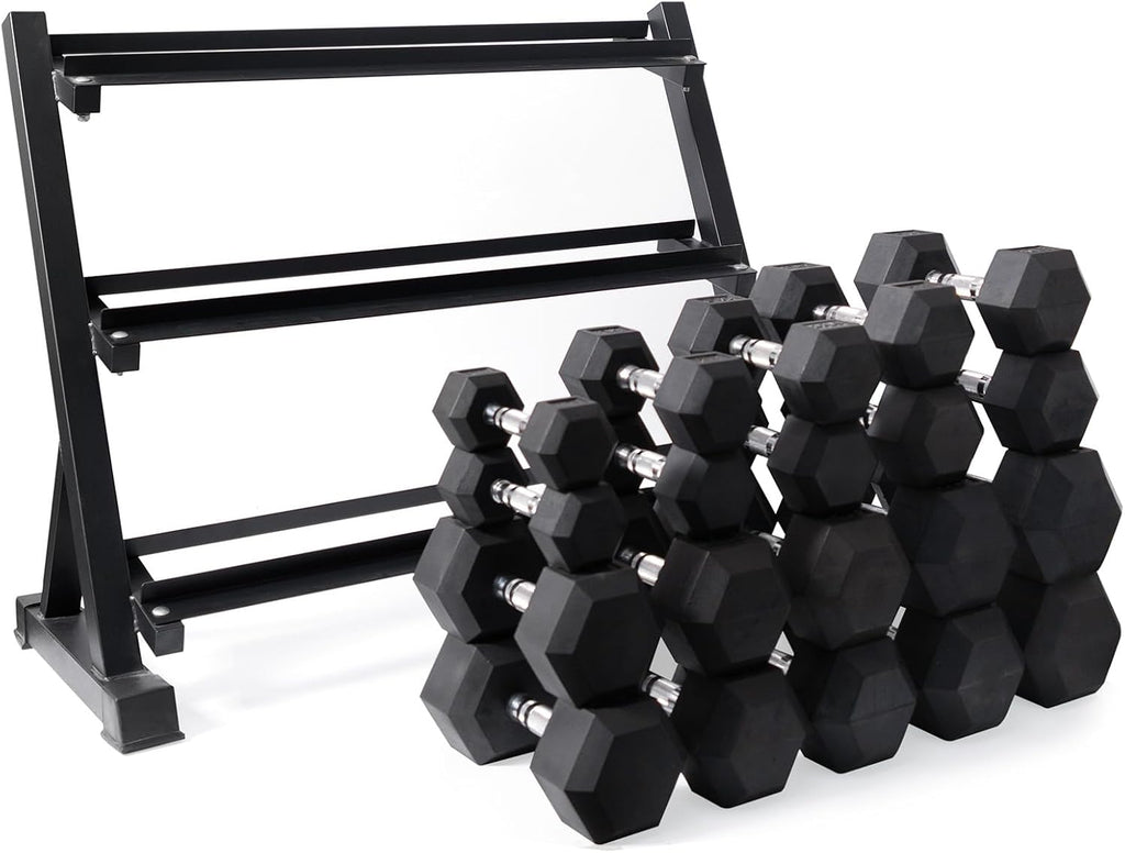 RitFit Rubber Coated Hex Dumbbell Set with Rack, 5-780LB for Home Gym Strength Training, Anti-Slip Knurled Handle, Hexagon Anti-Roll, Heavy-Duty Storage Rack