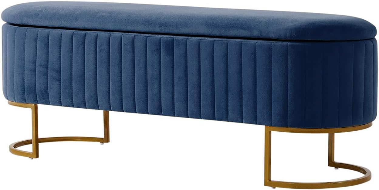 EcoHarbor Living 50.5' Velvet Bedroom Storage Bench Ottoman, Upholstered End of Bed Bench with Gold Legs, Flipping Lid Entryway Footrest Seat, Navy