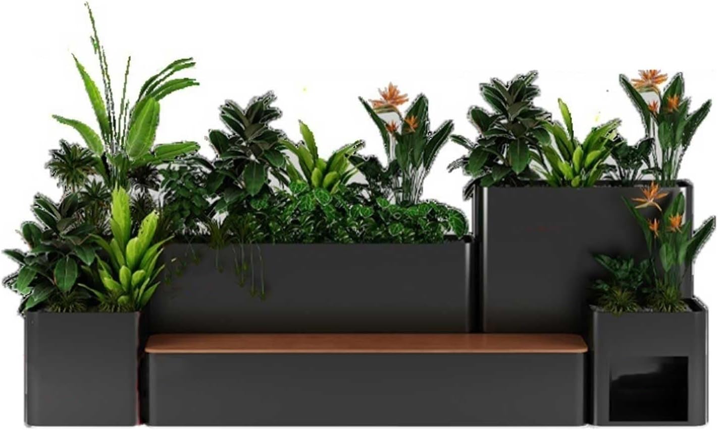 Bench with Planter Box, Large Outdoor Flowerbox with Bench, Metal Planter Box and Benchs Combination, Galvanized Sheet and Hardwood, Black Garden Bench