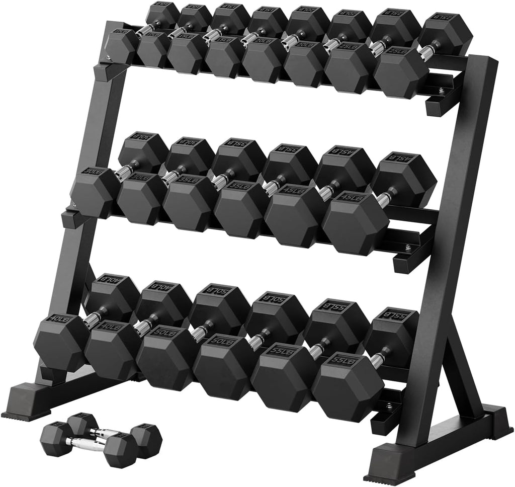 RitFit Rubber Coated Hex Dumbbell Set with Rack, 5-780LB for Home Gym Strength Training, Anti-Slip Knurled Handle, Hexagon Anti-Roll, Heavy-Duty Storage Rack