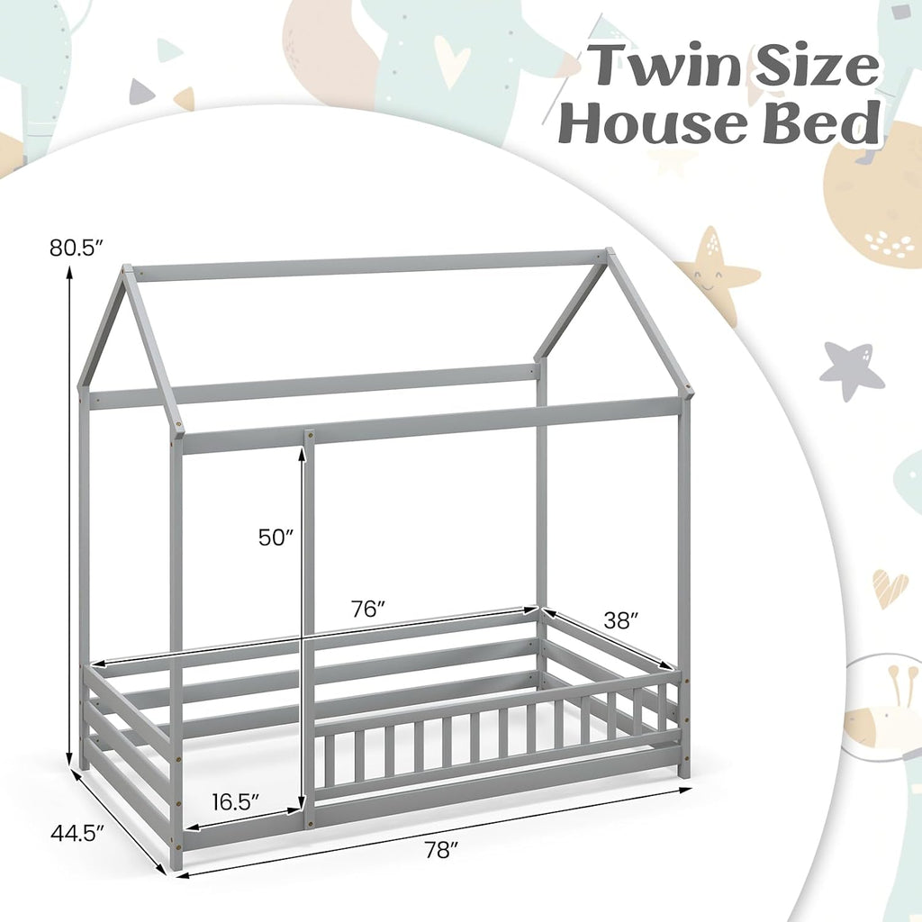 KOMFOTT Twin Size Floor House Bed, Wooden Montessori Bed with Roof & Full-Length Safety Guardrail, Floor Playhouse Bed Frame for Kids, Girls, Boys (Grey)