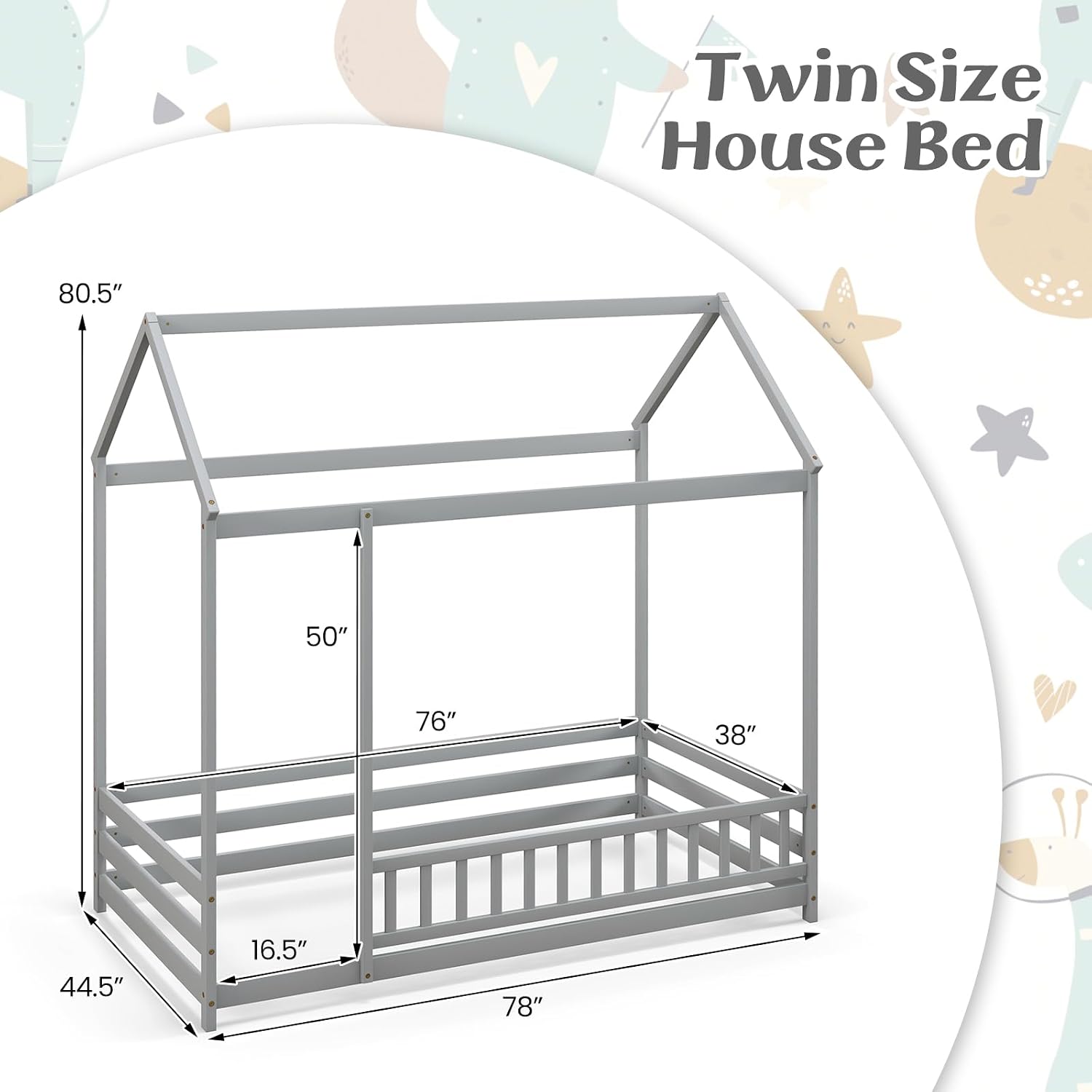 KOMFOTT Twin Size Floor House Bed, Wooden Montessori Bed with Roof & Full-Length Safety Guardrail, Floor Playhouse Bed Frame for Kids, Girls, Boys (Grey)