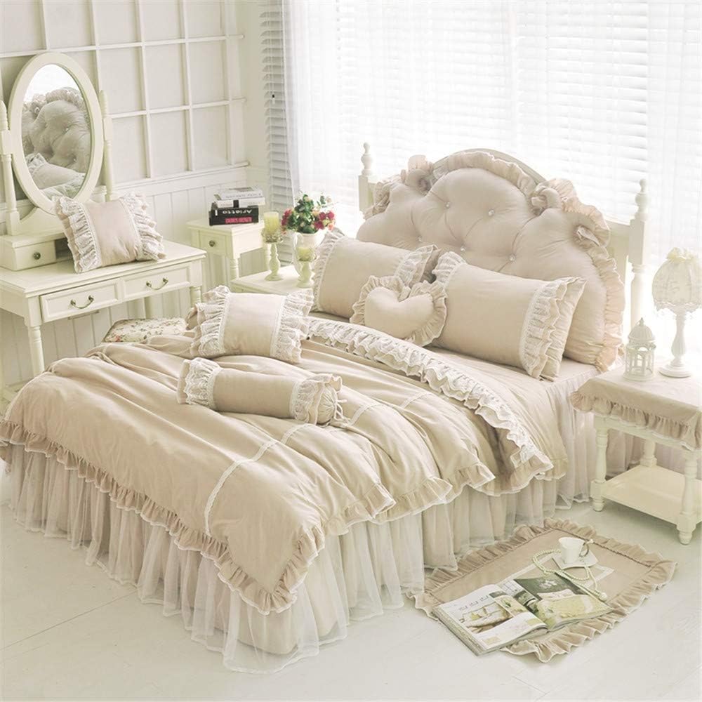 LELVA Chic Wrinkle Girls Bedding Solid Color Shabby Ruffle Duvet Cover Set Full Cotton 4 Piece Romantic Lace Design Bed Skirt Khaki