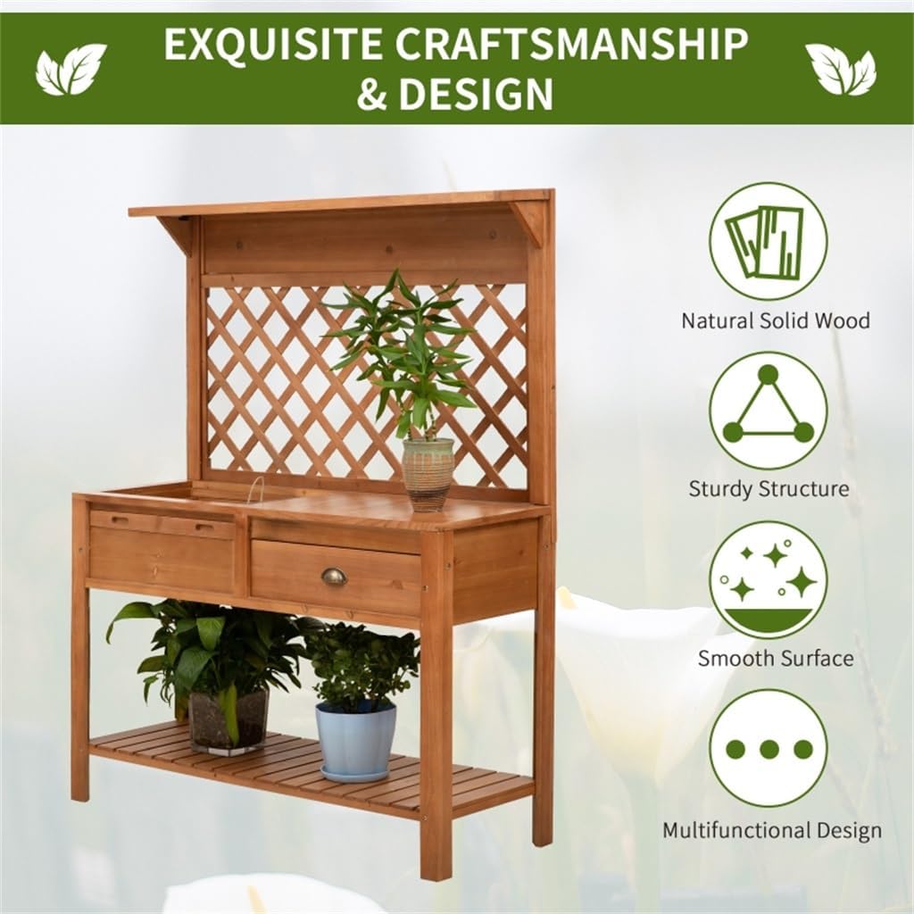 Garden Potting Bench, Outdoor Wooden Workstation Table W/Metal Screen, Drawer, Hooks, Storage Shelf, and Lattice Back