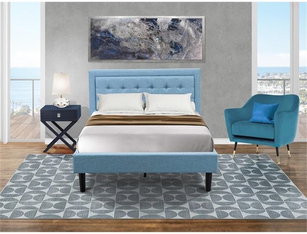 East West Furniture FN11F-1HA15 2-Piece Fannin Full Size Bedroom Set with 1 Wood Bed Frame and a Mid Century Modern Nightstand - Reliable and Durable Manufacturing - Denim Blue Linen Fabric