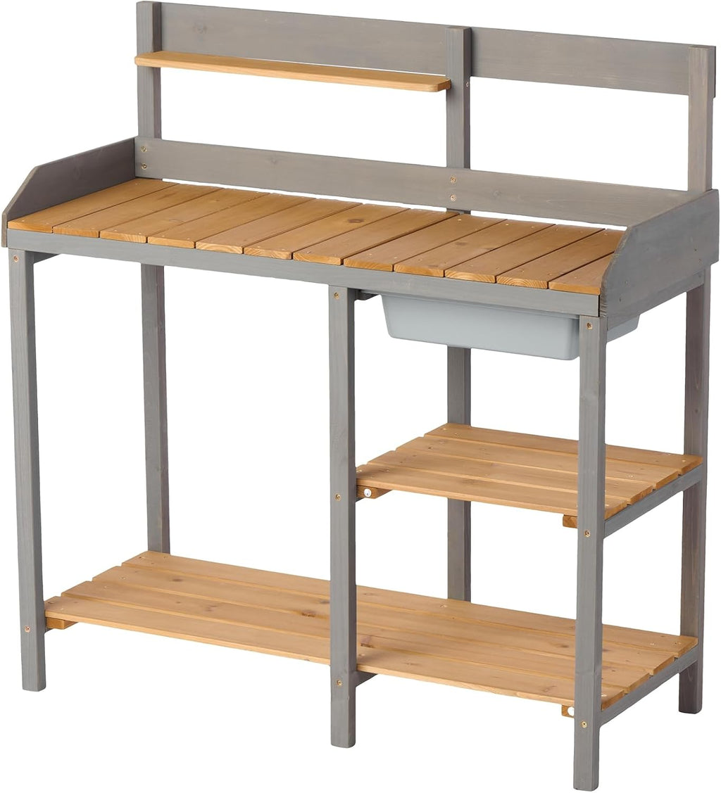 Outdoor Potting Bench, Wooden Workstation Table with Cabinet for Backyard GSupplies