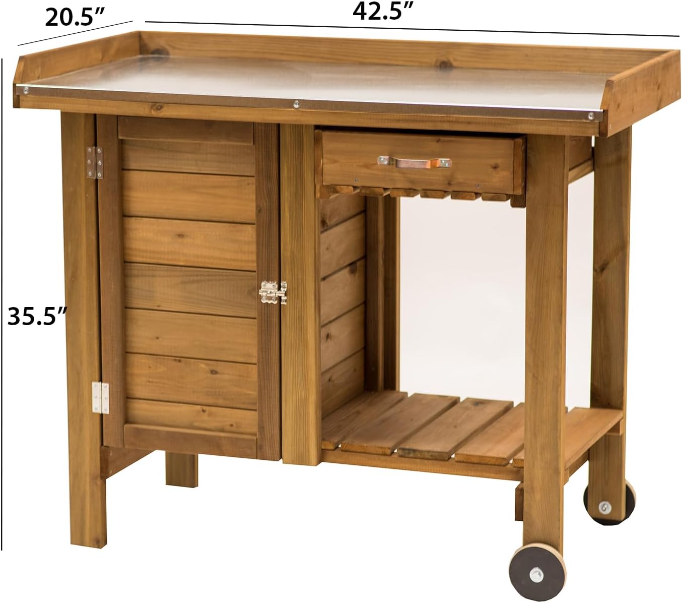Gardener's Table with Tin Work Surface, Wheels, Cabinet, and Drawer, 42.5' L x 20.5' W x 35.5' H; 73 lbs