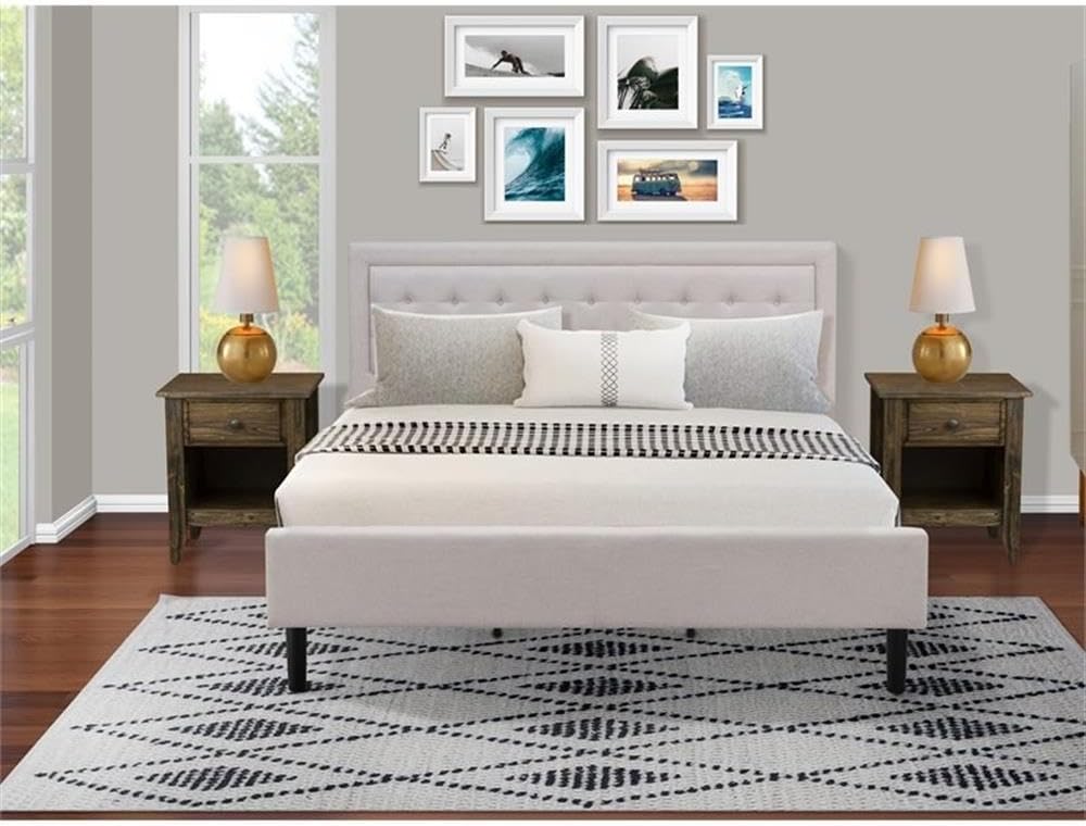 East West Furniture FN08K-2GA07 3-Piece Platform King Size Bedroom Set with 1 Mid Century Bed and 2 Modern Nightstands - Reliable and Sturdy Manufacturing - Mist Beige Linen Fabric