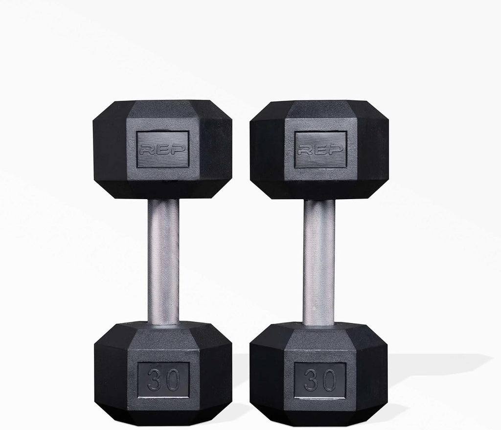 Rep Fitness Rubber Hex Dumbbell(s) - Singles (55LB +) and Pairs (5LB - 50LB) - Low Odor, Fully Knurled Handle