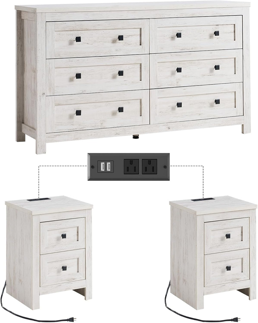 LUXOAK Bedroom Dresser and Nightstand 3 Piece Set, 1 X Wood Rustic 6 Drawer Storage Dresser, Nightstand Set of 2 with Charging Station, Farmhouse Bedroom Furniture Set, Rustic White