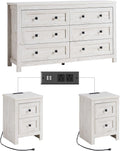 LUXOAK Bedroom Dresser and Nightstand 3 Piece Set, 1 X Wood Rustic 6 Drawer Storage Dresser, Nightstand Set of 2 with Charging Station, Farmhouse Bedroom Furniture Set, Rustic White