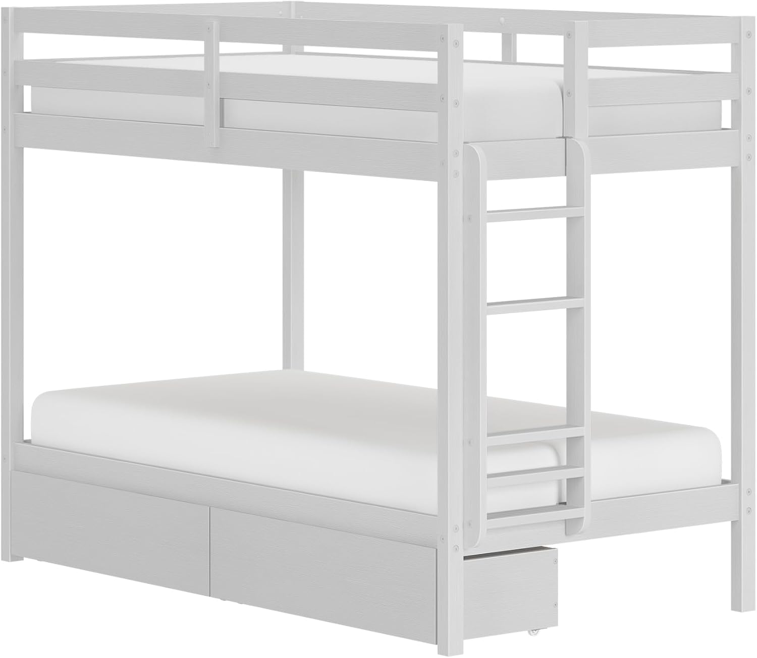Grain & Grove Bear Twin Over Twin Bunk Bed with Storage Drawers, Sturdy Bunk Bed Frame for Kids, Plywood Bunk with Ladder, Guardrail, and Slats, No Box Spring Required, Brush White