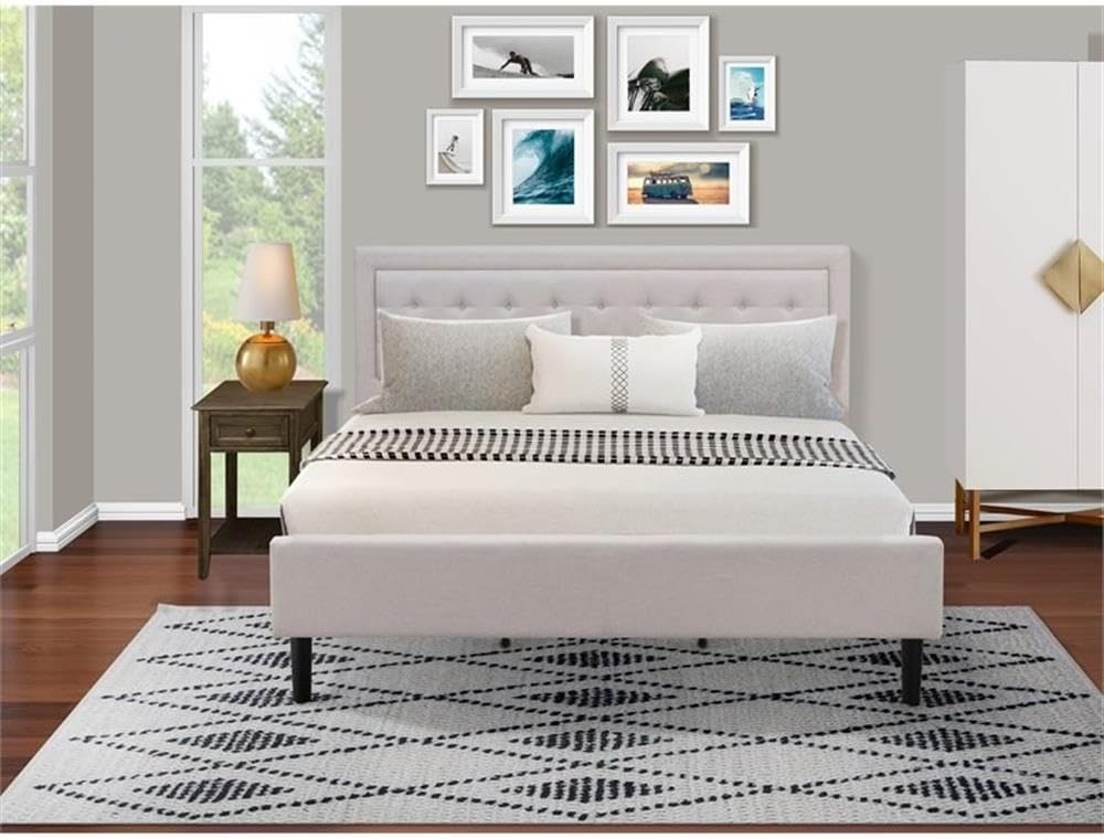 East West Furniture FN08K-1DE07 2-Piece Platform King Bedroom Set with 1 Platform Bed and 1 Bedroom Nightstand - Reliable and Sturdy Manufacturing - Mist Beige Linen Fabric