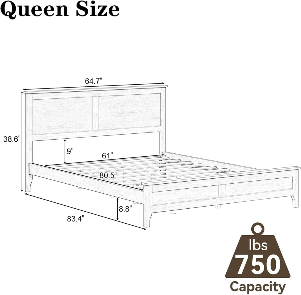 Queen Size Wood Bed Frame and Headboard, Modern Retro White Platform Beds Frames, Sturdy and Durable Design Mid Century Rustic Wooden Bedroom Set, No Box Spring Needed (White, Queen)