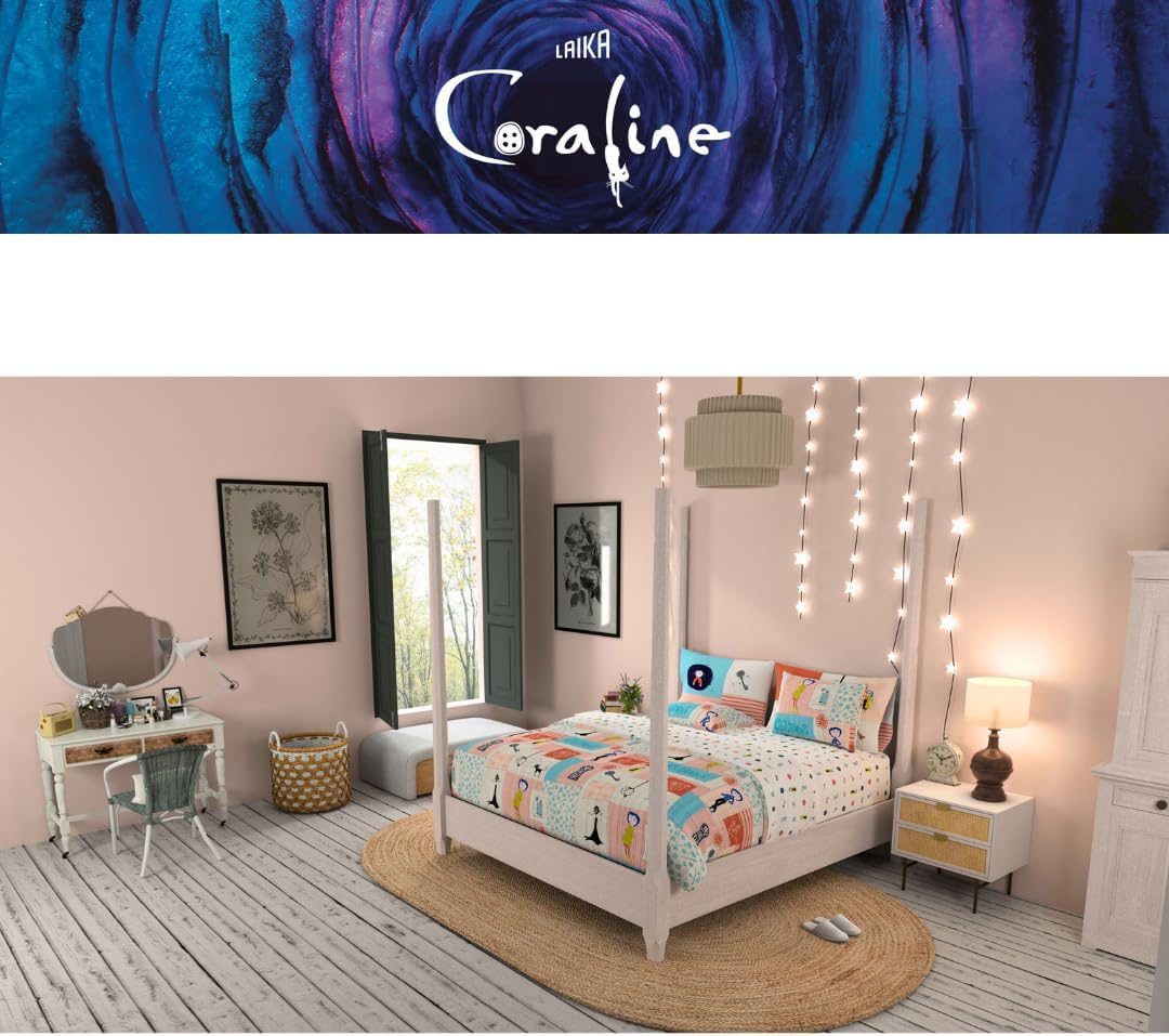 Coraline Kids Bedding Super Soft & Cozy Reversible Microfiber Comforter and Sheet Set with Sham, 7 Piece Full Size, (Officially Licensed Product) By Franco