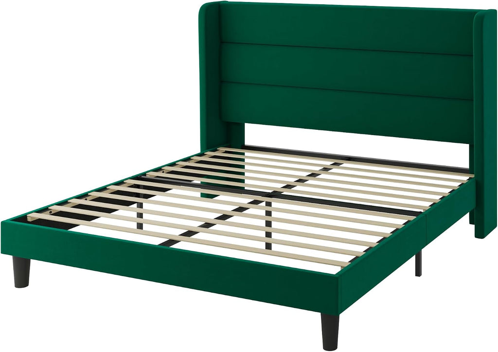 SHA CERLIN Full Size Velvet Bed Frame with Wingback Headboard/Upholstered Platform Bed with Wooden Slats/Mattress Foundation/No Box Spring Needed/Easy Assembly/Green