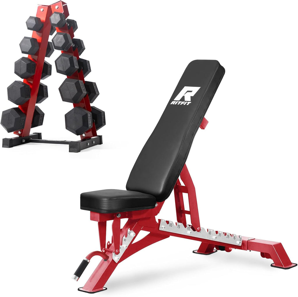 RitFit Rubber Coated Hex Dumbbell Set with Rack, 5-780LB for Home Gym Strength Training, Anti-Slip Knurled Handle, Hexagon Anti-Roll, Heavy-Duty Storage Rack