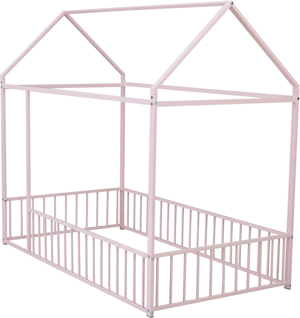 Bellemave Twin Size House Floor Montessori Bedframe with Rails and roof, Metal House Bed for Kids, Montessori Floor Beds for Kids,Pink