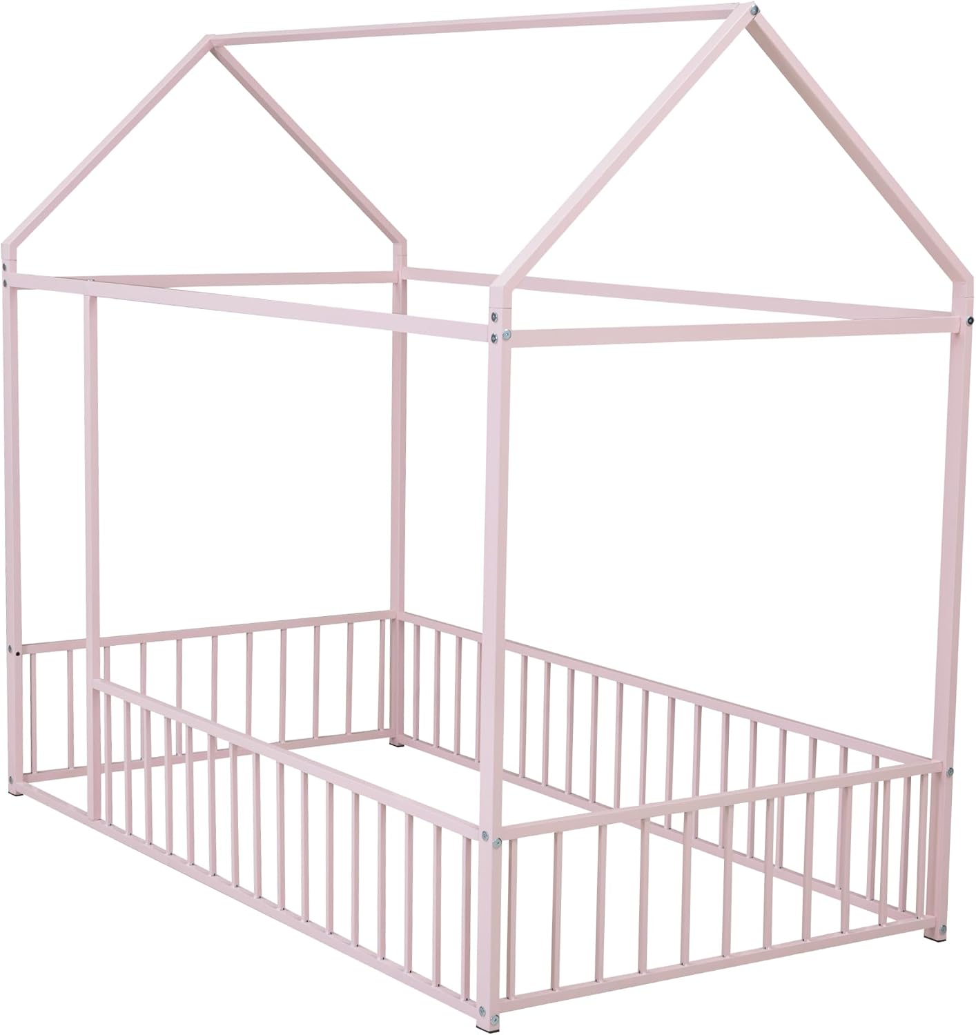 Bellemave Twin Size House Floor Montessori Bedframe with Rails and roof, Metal House Bed for Kids, Montessori Floor Beds for Kids,Pink