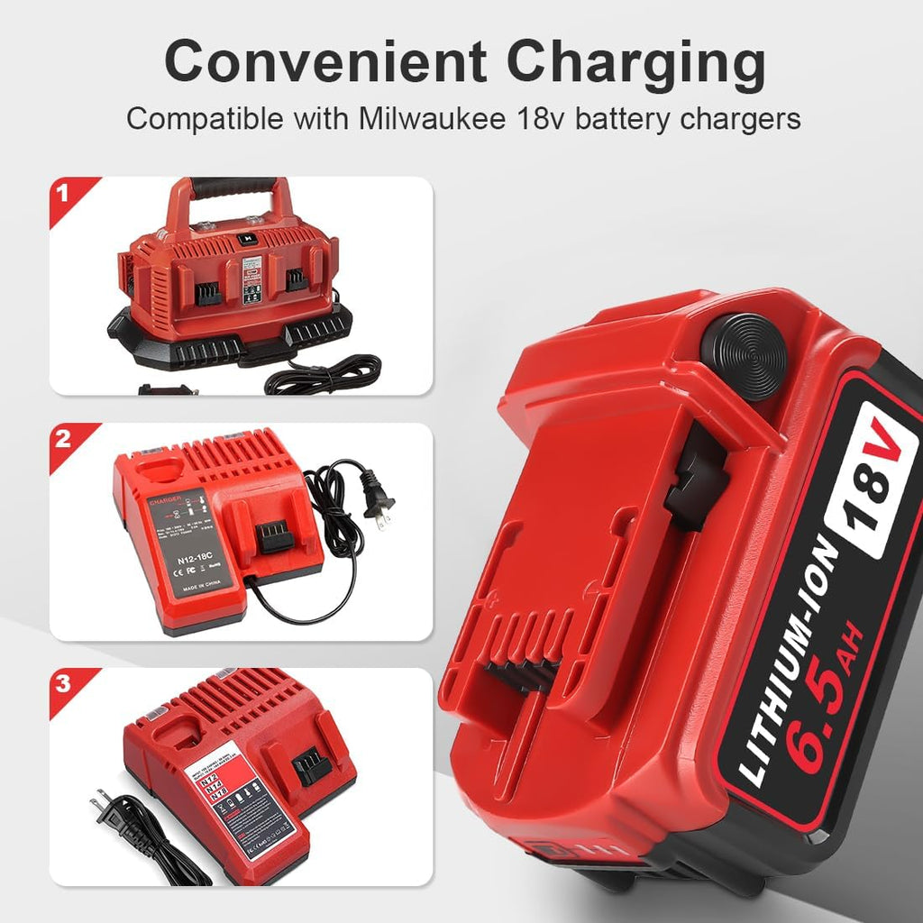 TeenPower Upgraded 6/pk 18V Replacement for Milwaukee M-18 Battery 6500mAh Replacement for Milwaukee 48-11-1820 48-11-1840 48-11-1850 48-11-1828 48-11-1862 48-11-1852 48-59-1812 48-59-1802