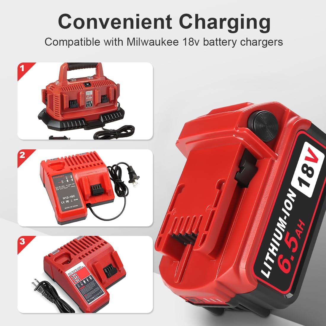 TeenPower Upgraded 6/pk 18V Replacement for Milwaukee M-18 Battery 6500mAh Replacement for Milwaukee 48-11-1820 48-11-1840 48-11-1850 48-11-1828 48-11-1862 48-11-1852 48-59-1812 48-59-1802
