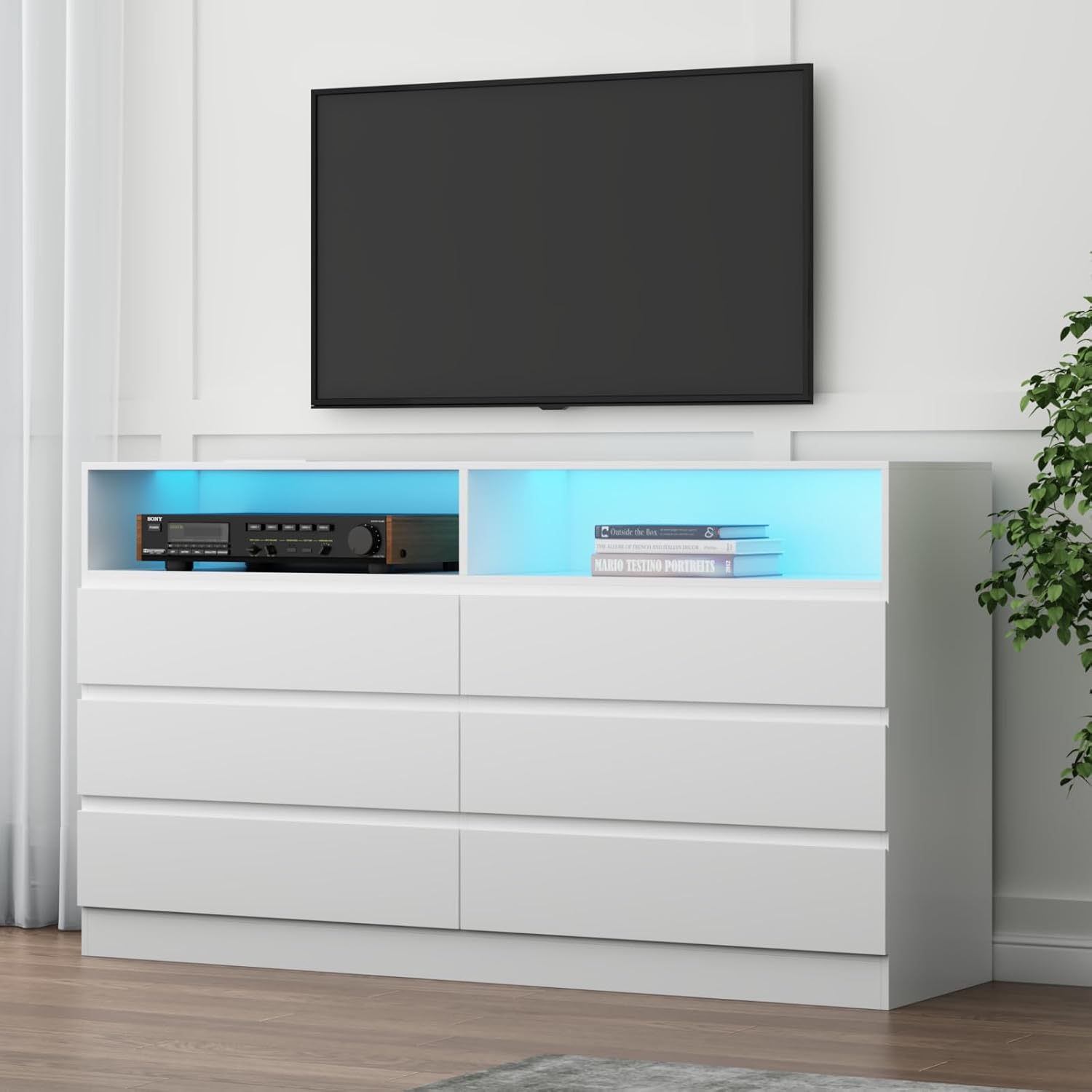 Loomie 6 Drawers Dresser, White Accent Chests of Drawers with Power Outlet and LED Light for Bedroom Living Romm