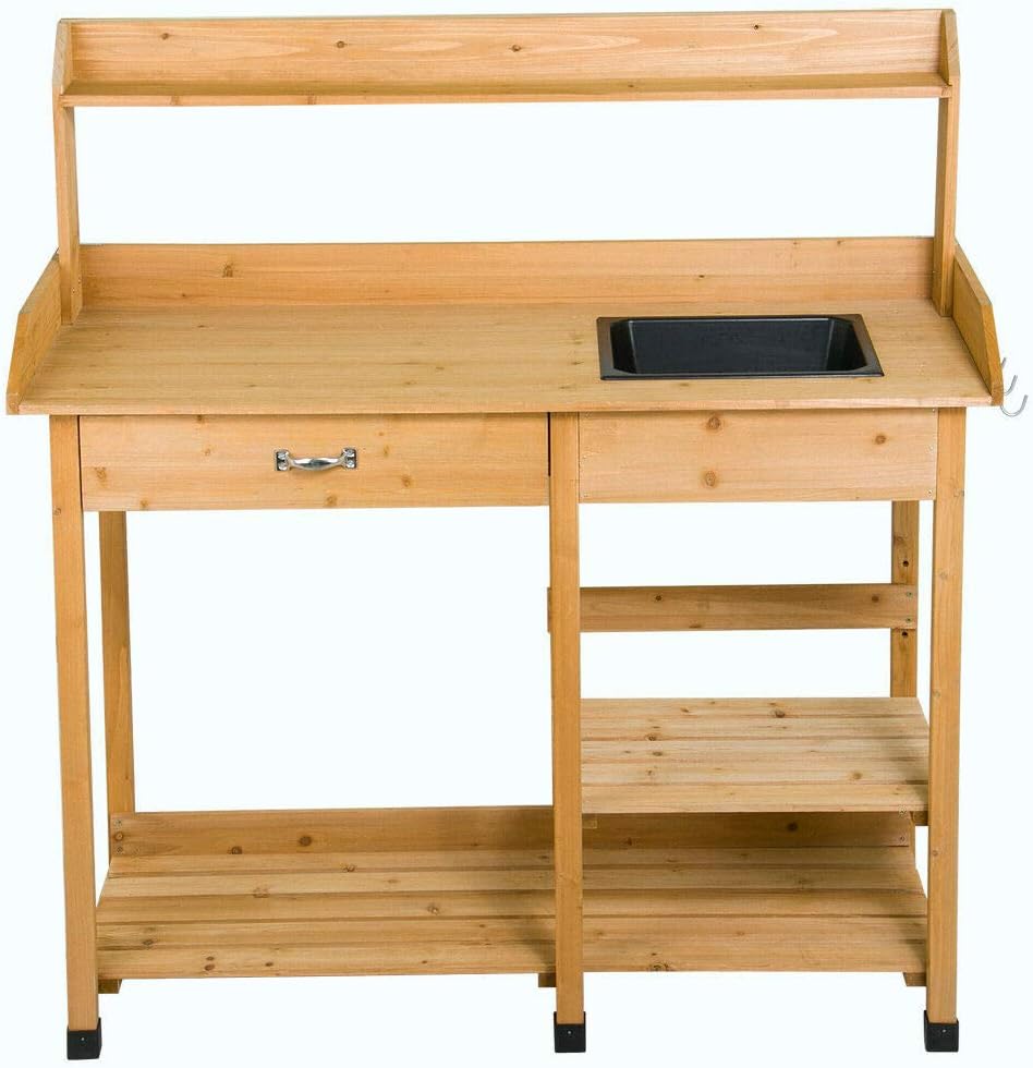 Wood Workbench Planting Table Potting Bench Garden Shelf Outdoor Storage w/Sink with Ebook