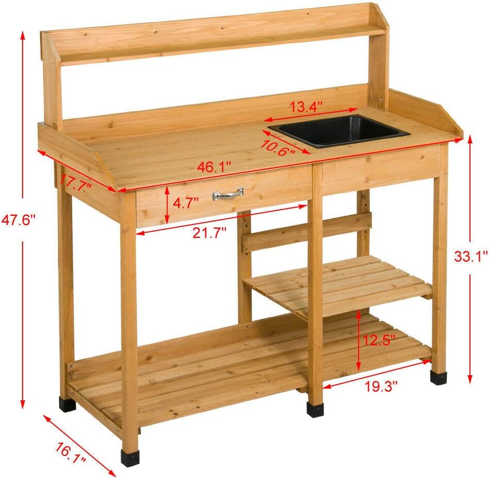 Wood Workbench Planting Table Potting Bench Garden Shelf Outdoor Storage w/Sink with Ebook