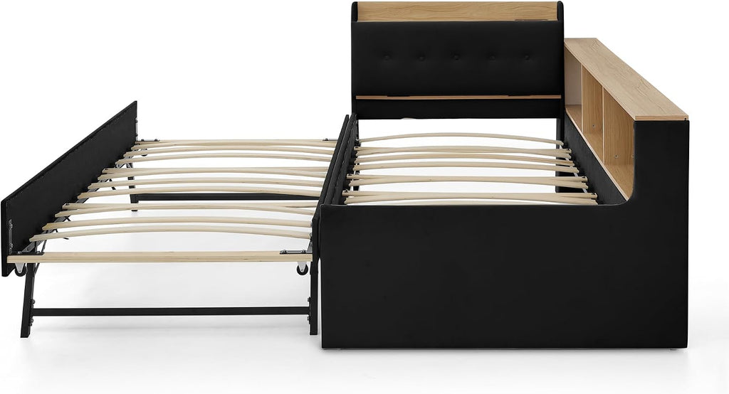 Corner Bed with Desk and Bookcase, LED Lights & USB Ports, Modern Twin to King Daybed with Pop Up Trundle, Velvet Upholstered Extendable Day Bed Kids Bedroom Furniture Set Small Places (Black, Twin)