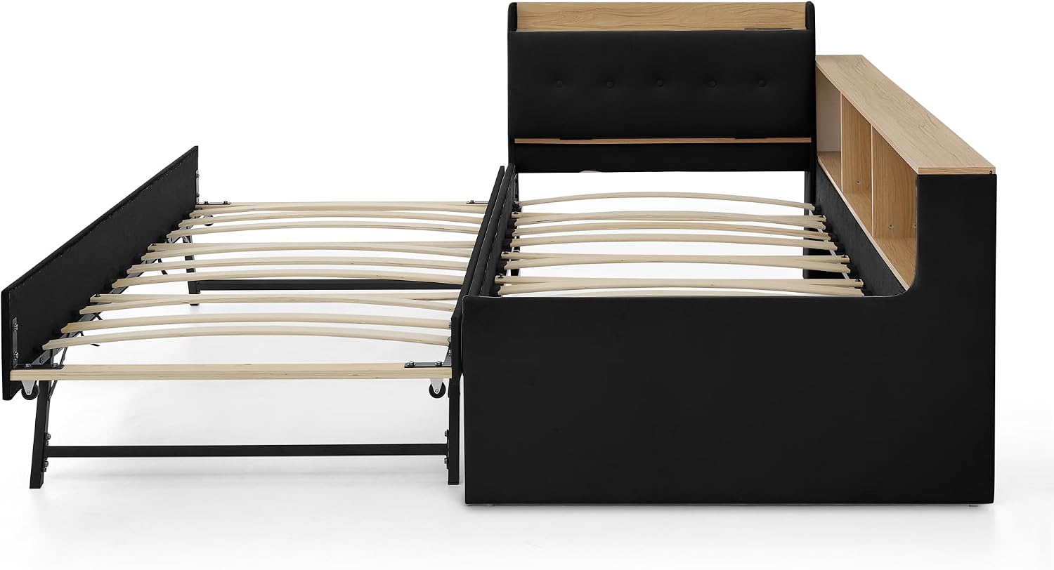 Corner Bed with Desk and Bookcase, LED Lights & USB Ports, Modern Twin to King Daybed with Pop Up Trundle, Velvet Upholstered Extendable Day Bed Kids Bedroom Furniture Set Small Places (Black, Twin)