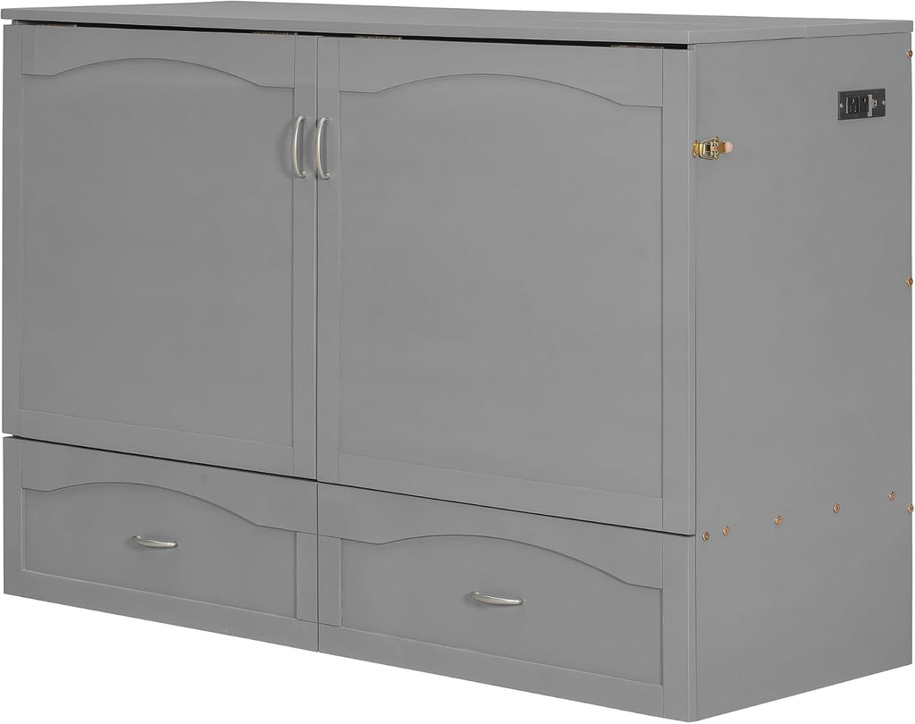 Merax Queen Size Murphy Bed Wall Bed with Drawer and a Set of Sockets & USB Ports, Pulley Structure Design, Gray