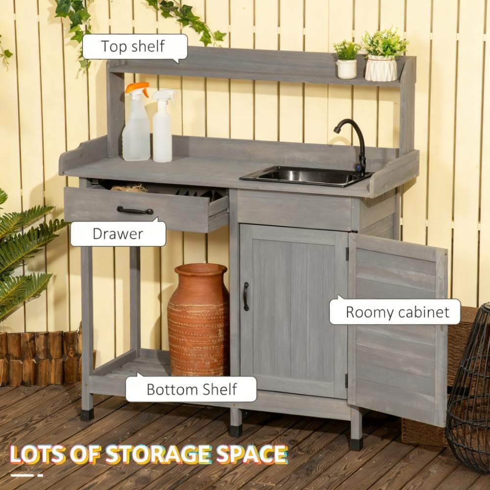 Outdoor Work Bench Table,Potting Bench Table with Sink,with Storage Cabinet,Hooks,Removable Sink,Faucet and Drawer