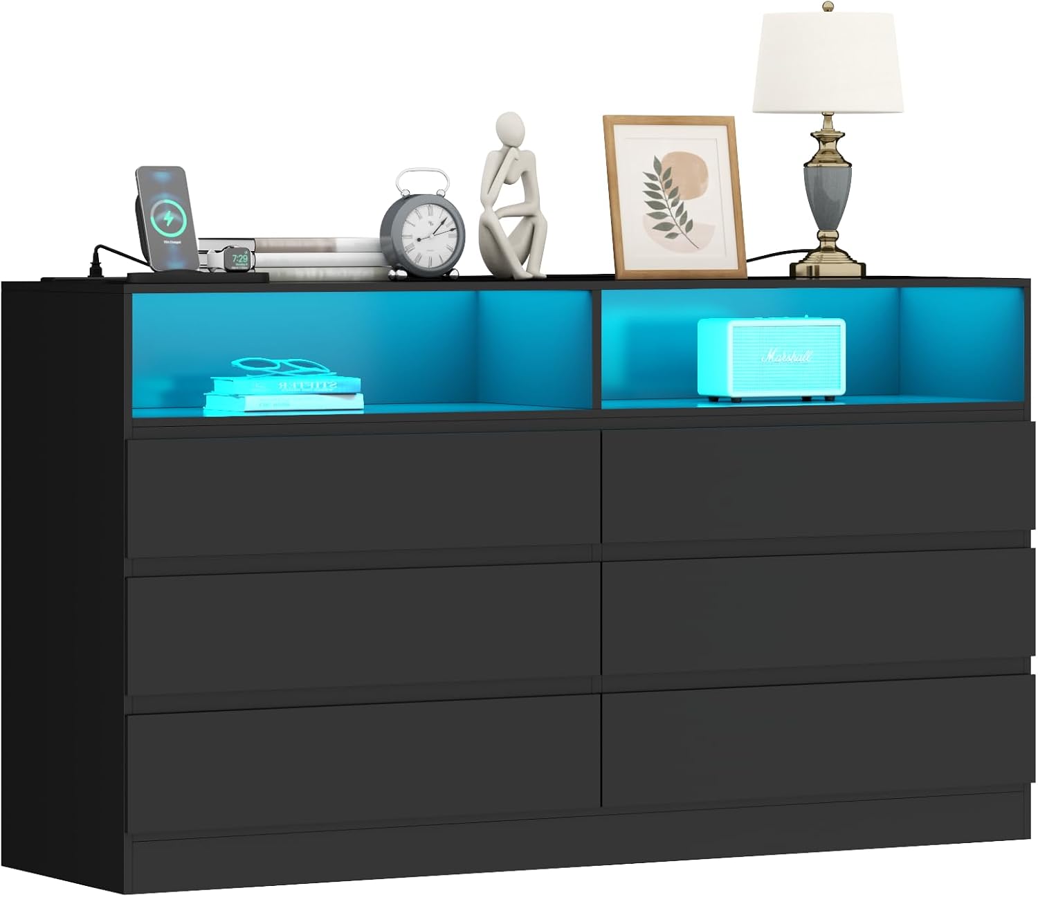 Loomie 6 Drawer Dresser for Bedroom, Wide Chest of Drawers with Charging Station and LED Lights, Traditional Bedroom Furniture, Modern Storage Dresser TV Stand for Living Room (Black)
