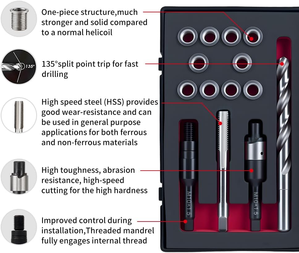 M10x1.5 Thread Repair Kit with 14mm Insert HSS Drill, Tap, Counterbore,Installation Driver,Stainless Steel Insert M10*1.5 * 14mm *10pcs