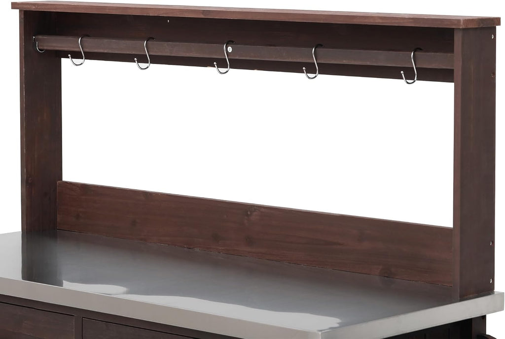 54.1' Outdoor Kitchen Island with High Shelf, Large Outdoor Potting Bench Table with Stainless Steel Top and Storage, Solid Wood Grill Cart With Lockable Wheels for BBQ, Garden (Brown-54.1')