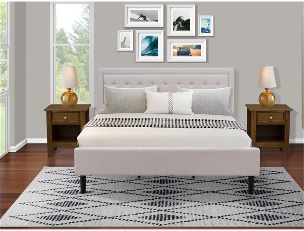 East West Furniture FN08K-2GA08 3-Piece Fannin King Bedroom Set with 1 King Bed Frame and 2 Night Stands for Bedrooms - Reliable and Sturdy Manufacturing - Mist Beige Linen Fabric