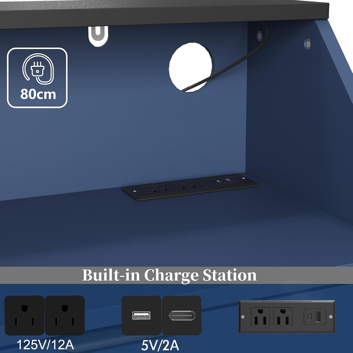 6 Drawer Dresser for Bedroom with Charging Station and LED Lights, Modern Double Dresser, Large Chest of Drawers with Open Space, LED Storage Cabinet for Living Room (Blue-Silver)