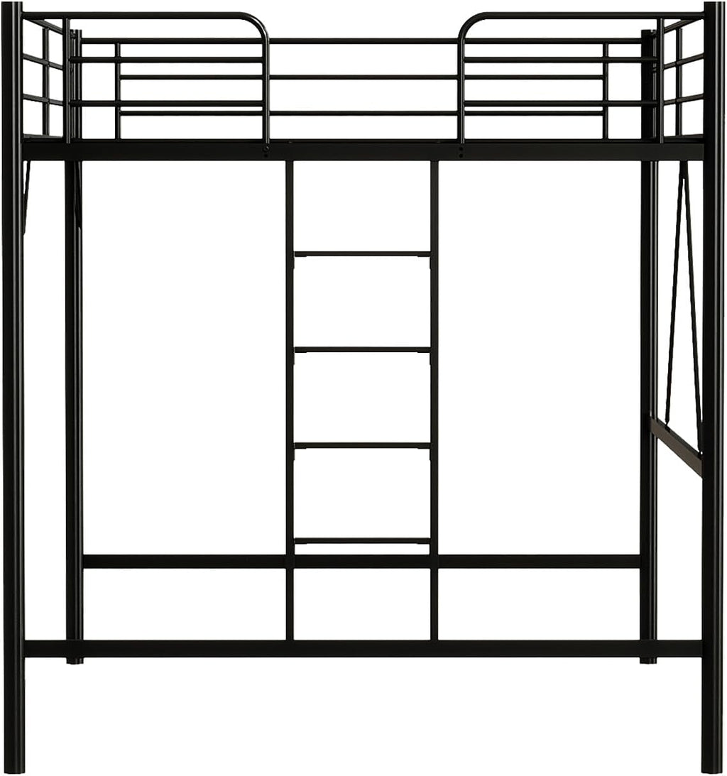 VINGLI Queen Loft Bed with Flat Rungs for Adults, Kids and Young Teens, No Box Spring Required,Heavy Duty Metal Slat Support, Black
